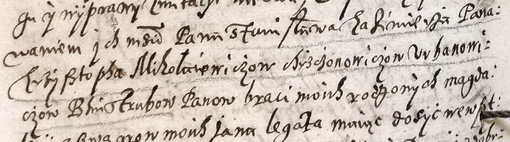 Iškarpa iš 1648 m. vasario 9 dienos dokumento, kuriame W42 Magdalena Blinstrubaitė iš Urbonavičių Krikščiūnų kvituoja broliams W5 Stanislovui ir W6 Kristupui, kad atsiėmė savo tėvų palikimo dalį