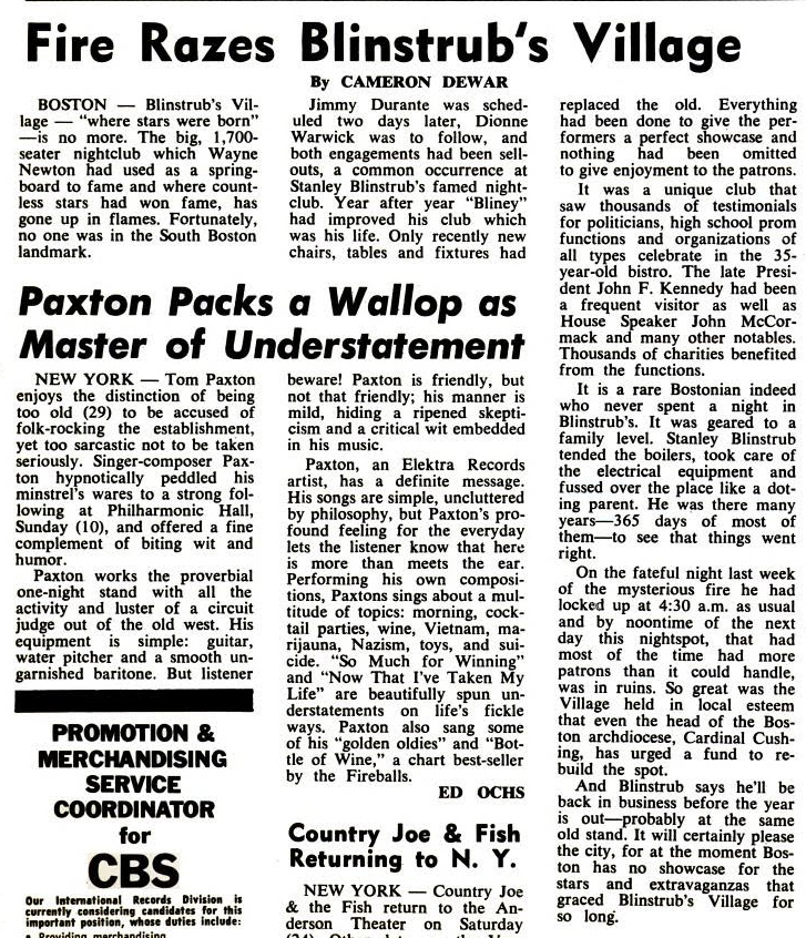 Straipsnis apie gaisrą Blinstrub's Village populiariausiame JAV muzikos laikraštyje Billboard 1968.02.24